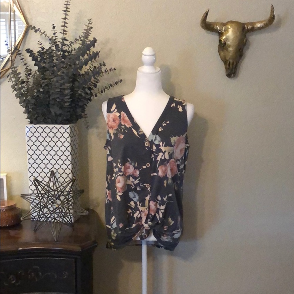 Grey Floral Button Down Tie Front Tank